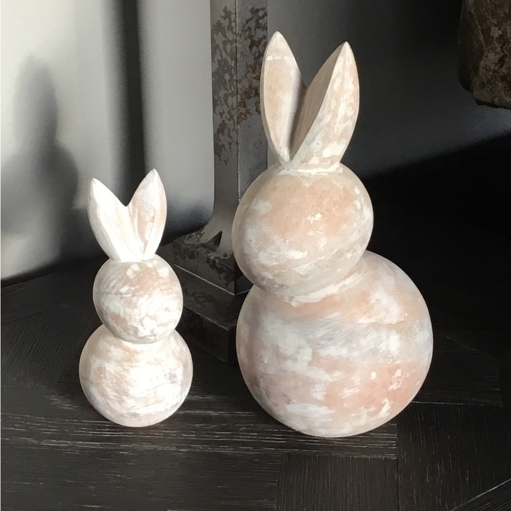 Crate&Barrel Wooden Set Bunny Figurines in Whitewashed Wood